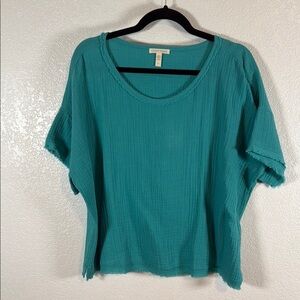 Eileen Fisher Capri Blue Gauzy Organic Cotton Boxy Top Frayed Edges Size Large